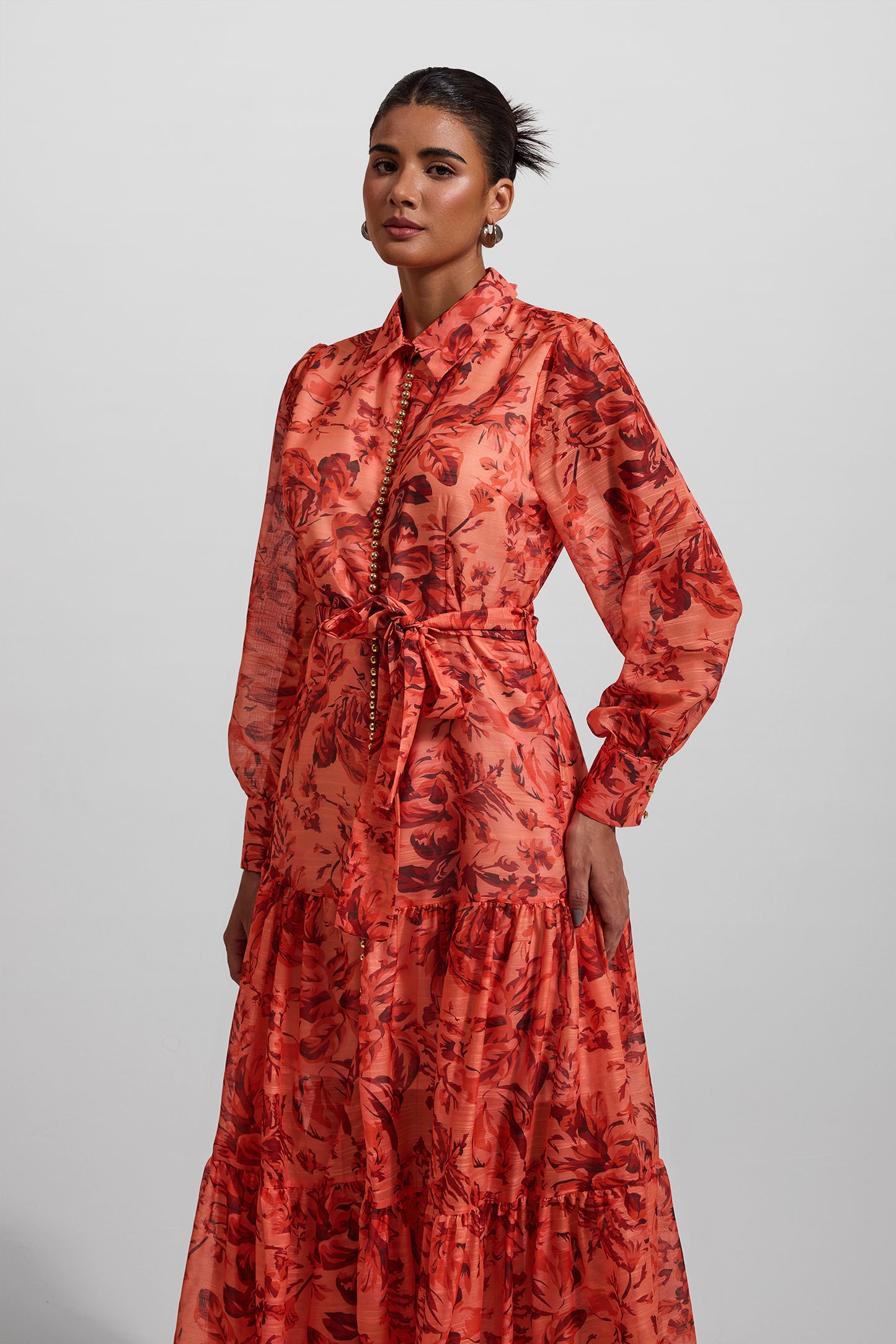 Floral Lantern Sleeve Metal Bottom Midi Dress With Belt