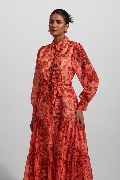 Floral Lantern Sleeve Metal Bottom Midi Dress With Belt