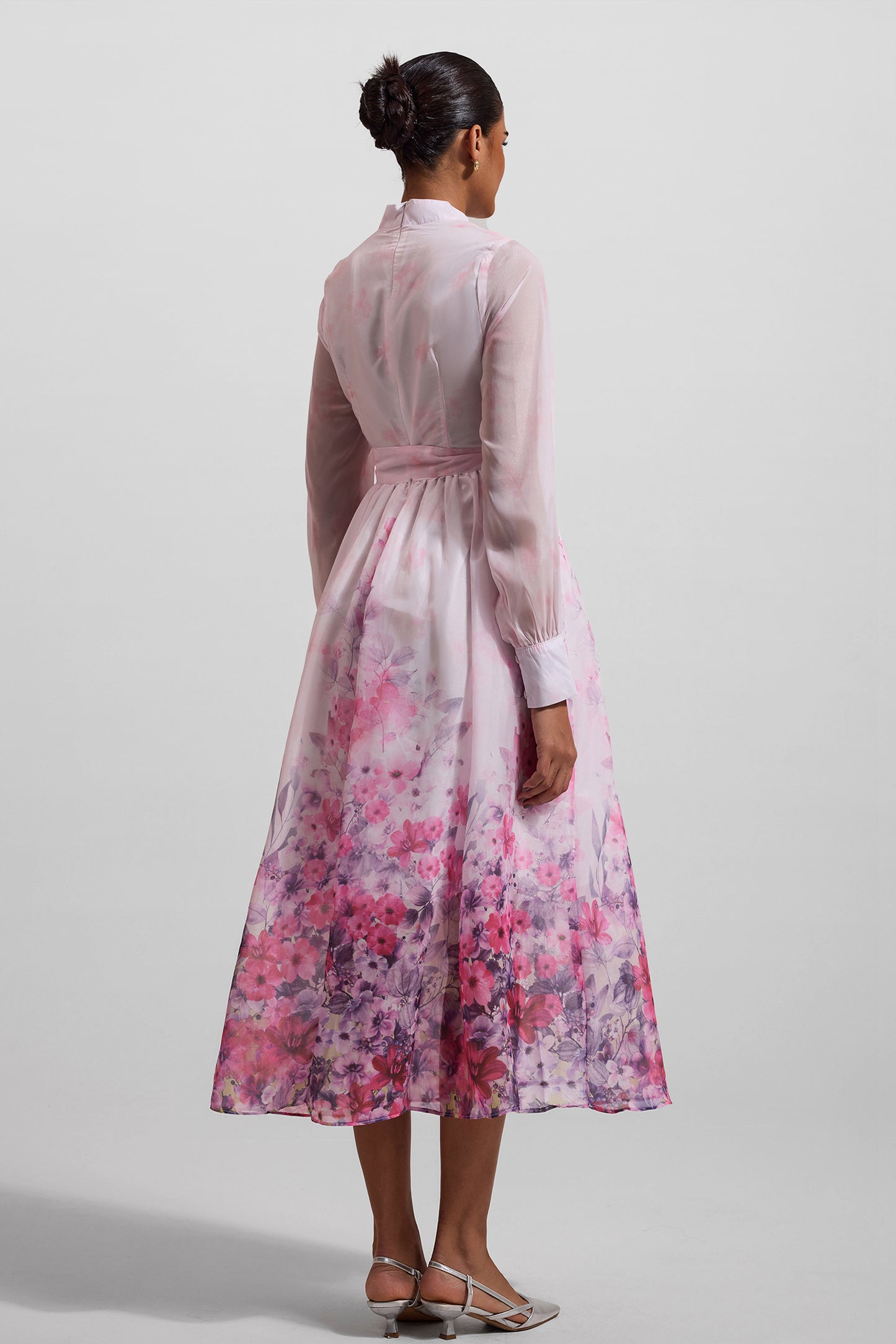 Floral Lantern Sleeve Midi Dress With Belt