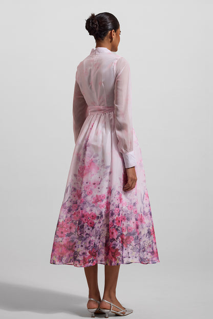 Floral Lantern Sleeve Midi Dress With Belt