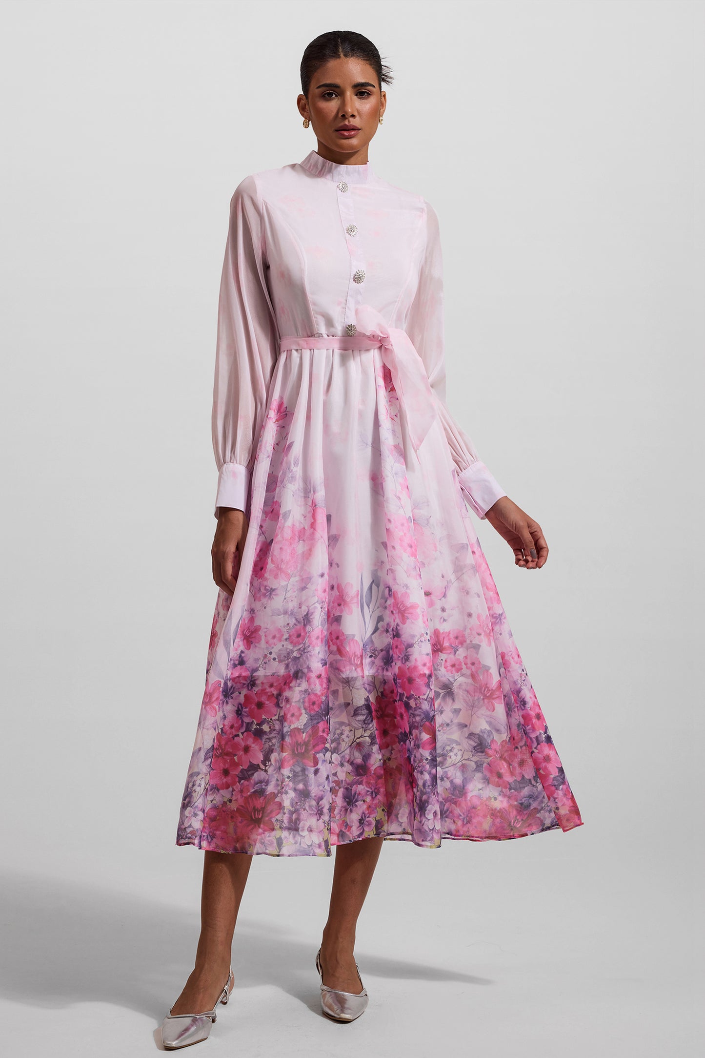 Floral Lantern Sleeve Midi Dress With Belt