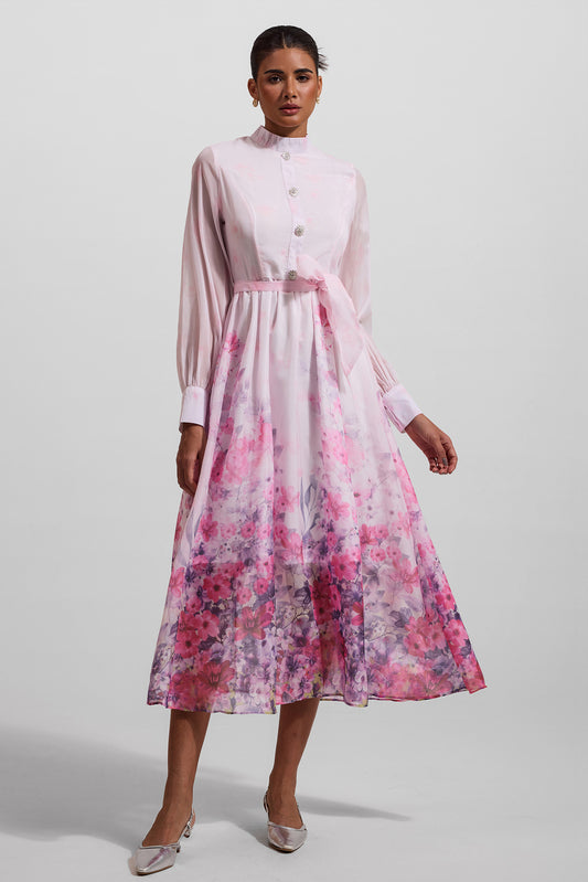 Floral Lantern Sleeve Midi Dress With Belt