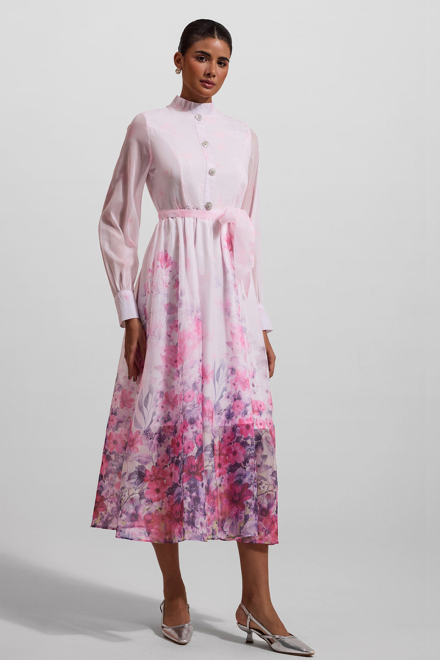 Floral Lantern Sleeve Midi Dress With Belt