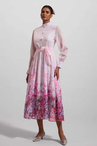 Floral Lantern Sleeve Midi Dress With Belt