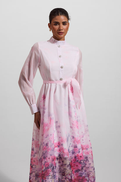 Floral Lantern Sleeve Midi Dress With Belt