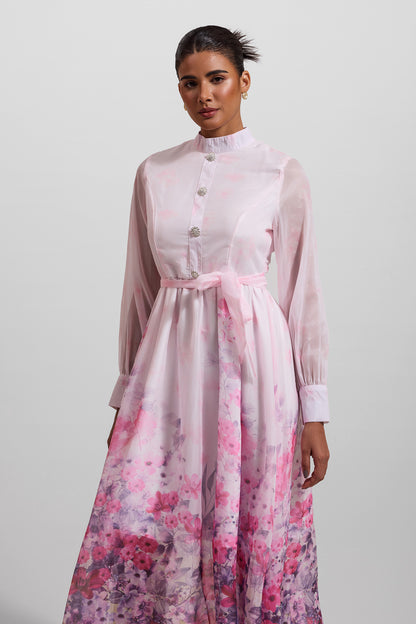 Floral Lantern Sleeve Midi Dress With Belt