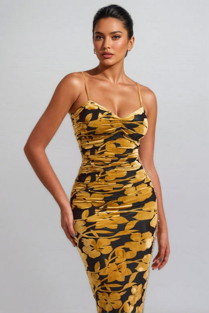 Seraphina Velvet Floral Ruched Slip Midi Dress