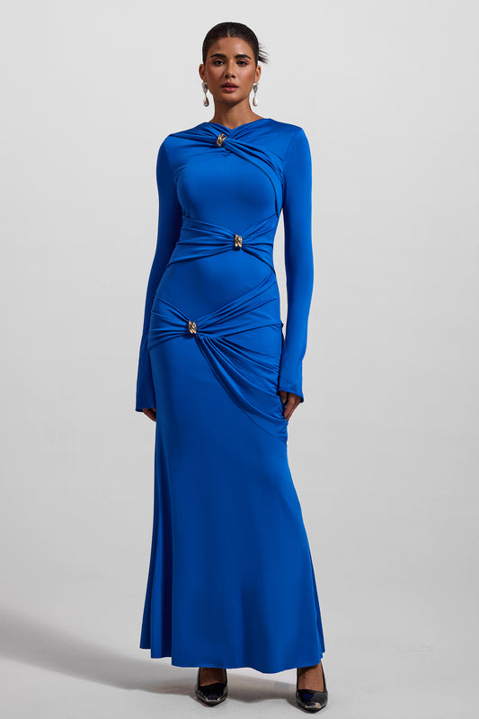 Knit Ruched Long Sleeve Maxi Dress Blue