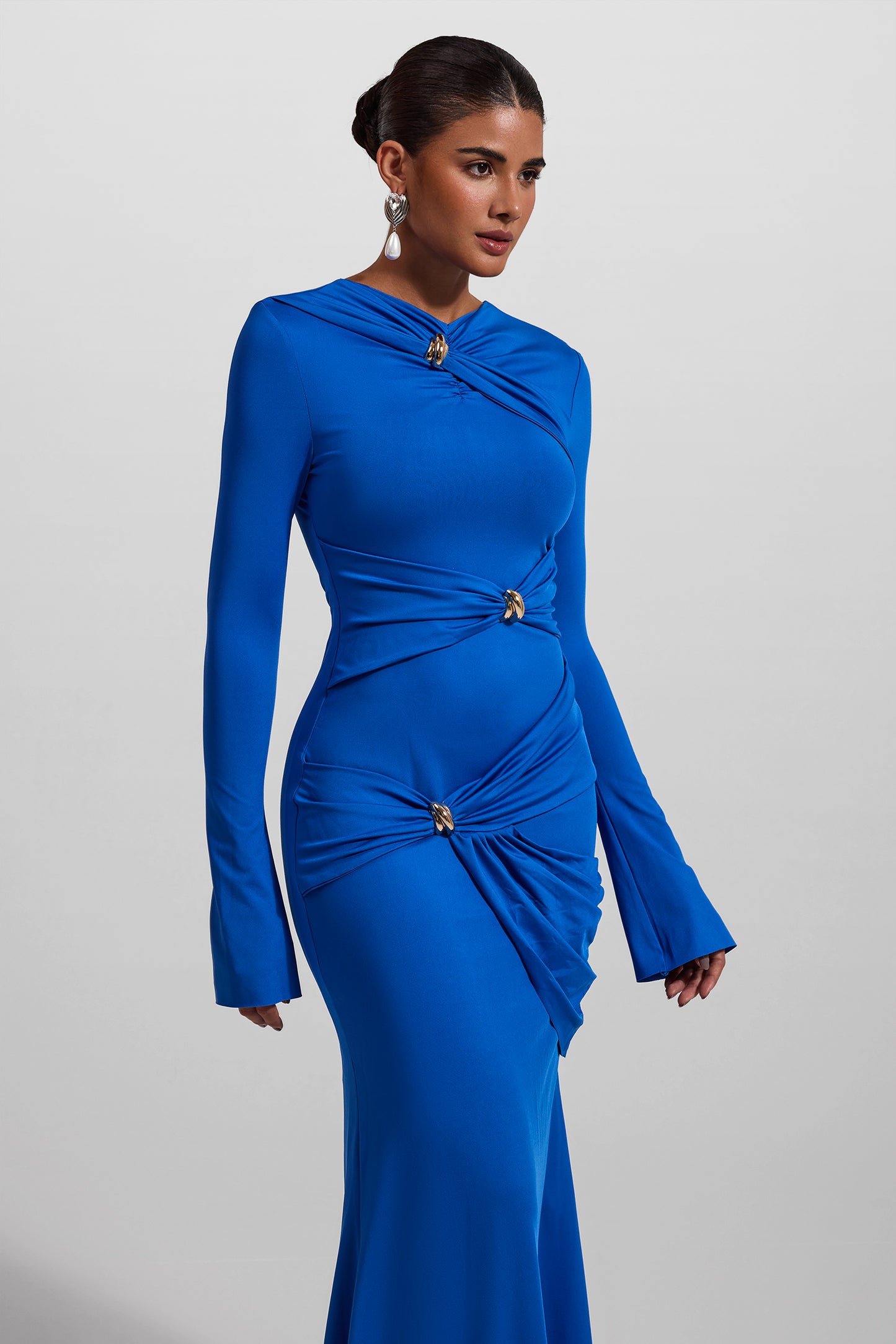 Knit Ruched Long Sleeve Maxi Dress Blue