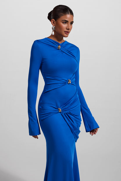 Knit Ruched Long Sleeve Maxi Dress Blue