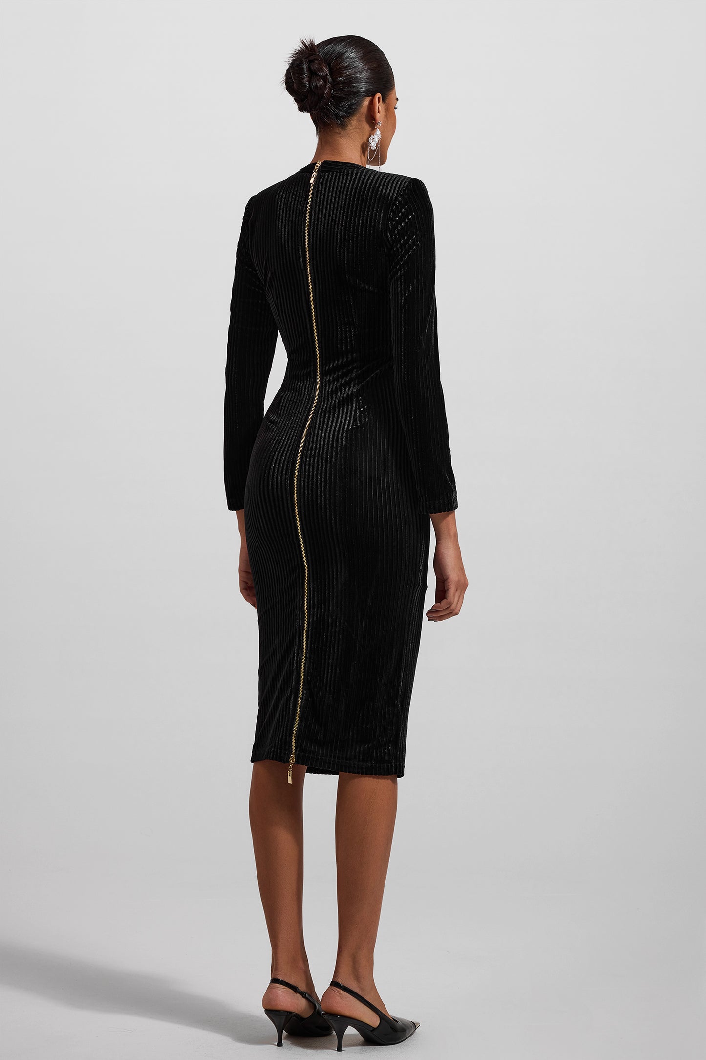 Velvet V-Neck Metal Button Midi Dress