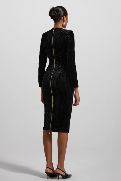 Velvet V-Neck Metal Button Midi Dress