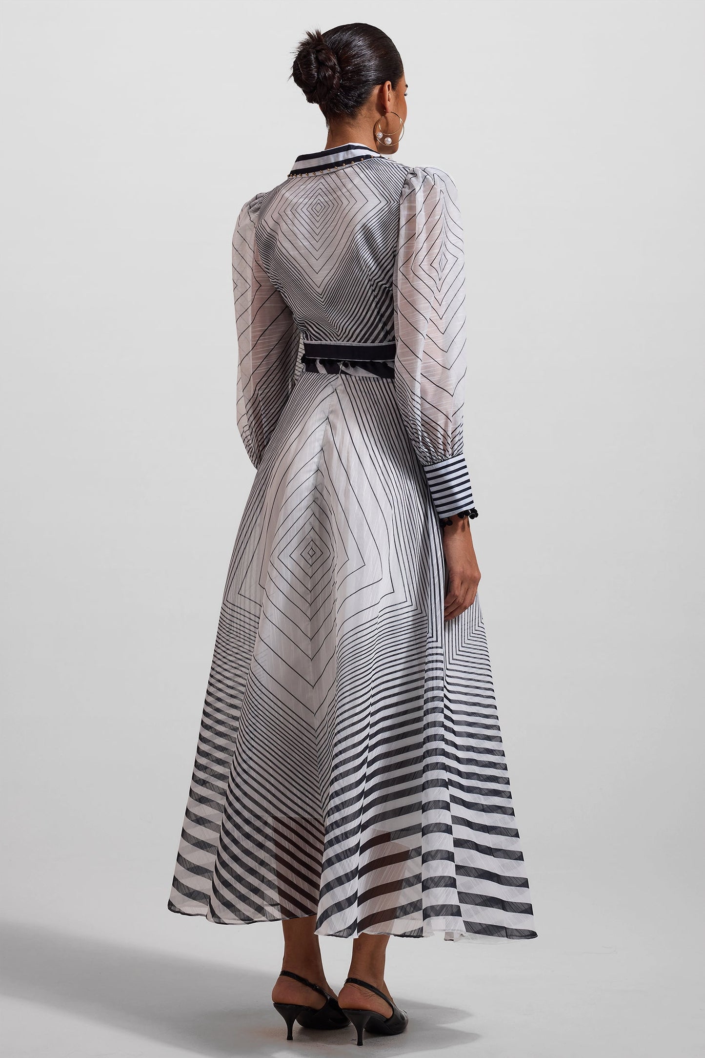 Stripe Lace Up Long Sleeve Top & Mid Waist Pleat Midi Skirt Set