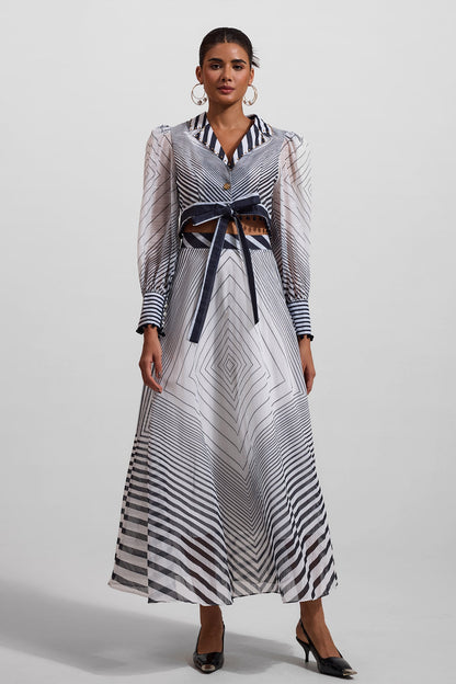 Stripe Lace Up Long Sleeve Top & Mid Waist Pleat Midi Skirt Set