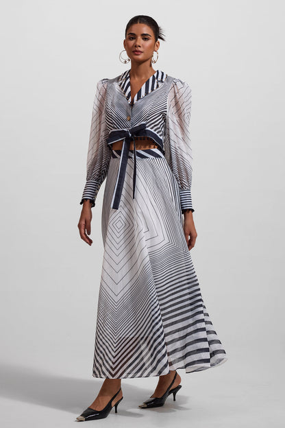 Stripe Lace Up Long Sleeve Top & Mid Waist Pleat Midi Skirt Set