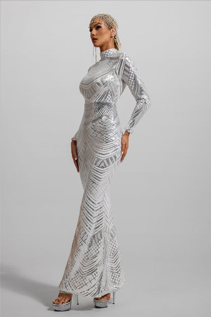 Sequin High Neck Long Sleeve Maxi Dress