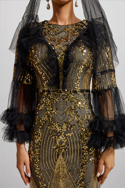 Sequin Ruffle Ball Sleeve Maxi Dress