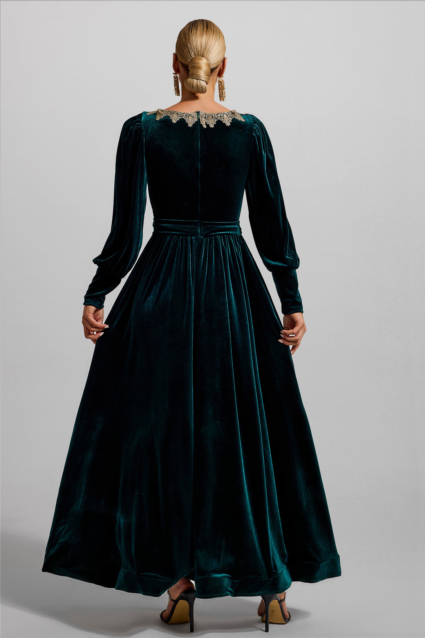 Solid Velvet Lantern Sleeve Maxi Dress