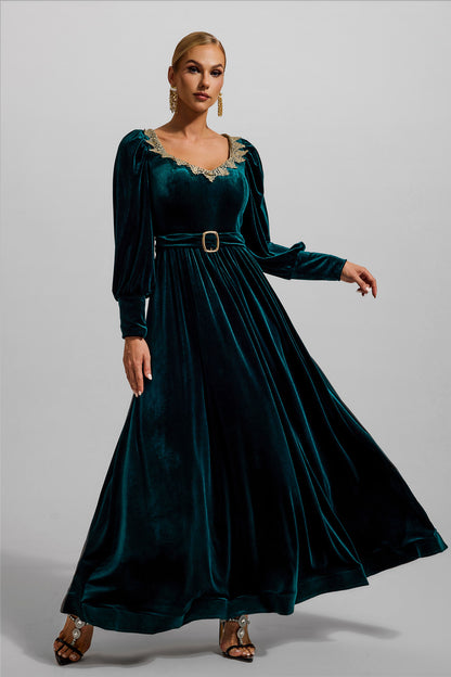Solid Velvet Lantern Sleeve Maxi Dress