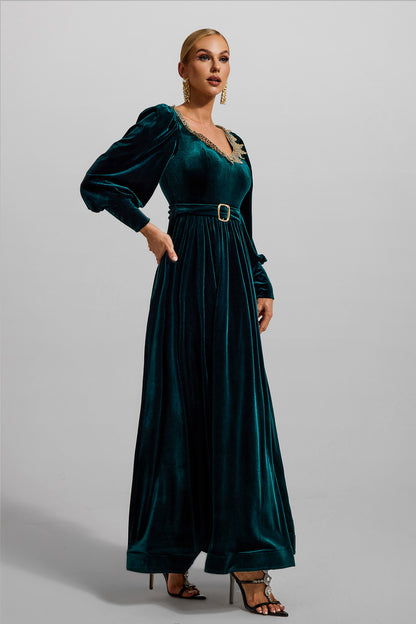 Solid Velvet Lantern Sleeve Maxi Dress
