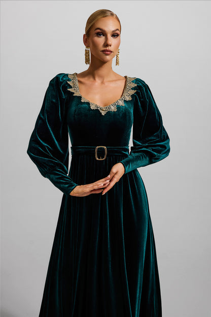 Solid Velvet Lantern Sleeve Maxi Dress