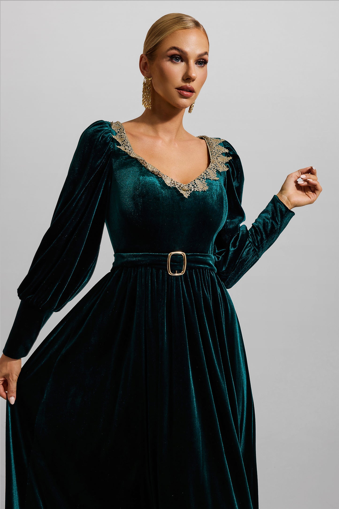 Solid Velvet Lantern Sleeve Maxi Dress