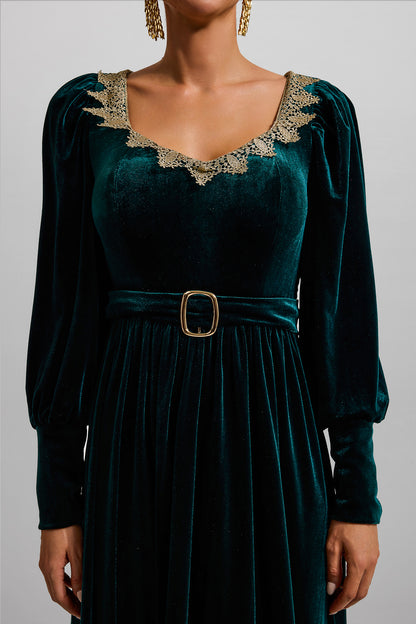 Solid Velvet Lantern Sleeve Maxi Dress