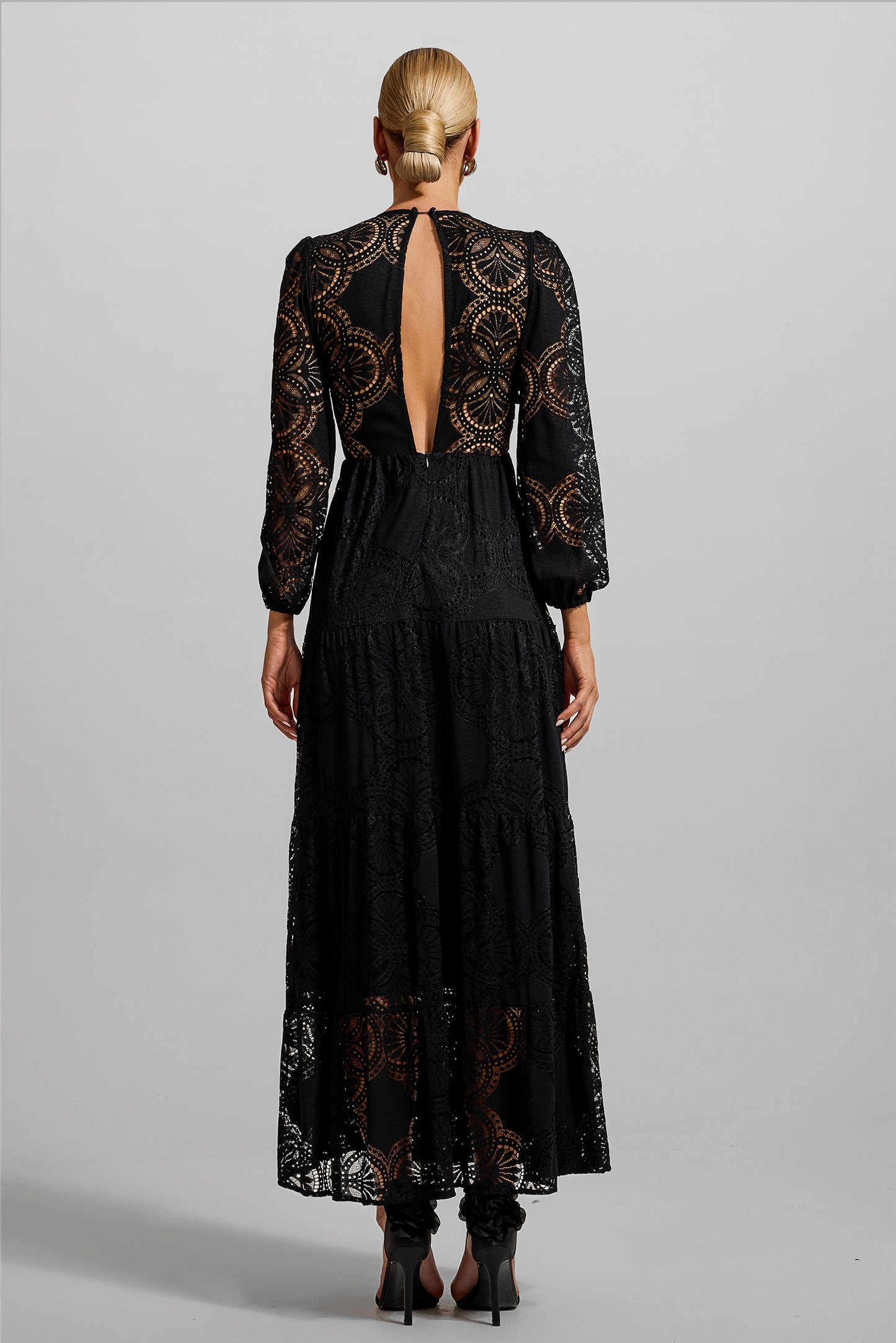 Lace 3D Flower Long Sleeve Midi Dress Black