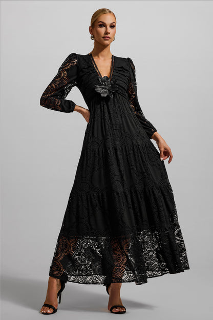 Lace 3D Flower Long Sleeve Midi Dress Black