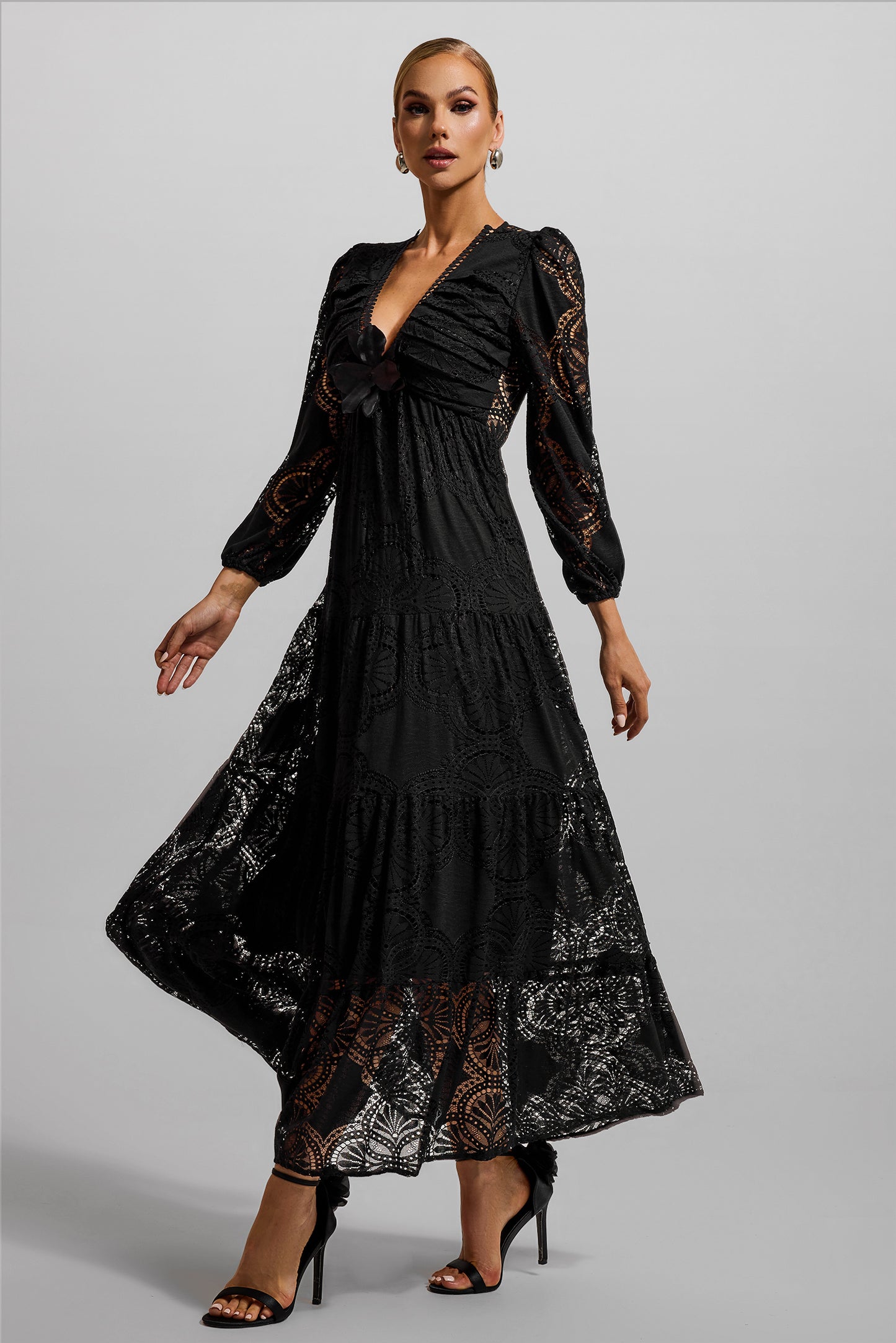 Lace 3D Flower Long Sleeve Midi Dress Black