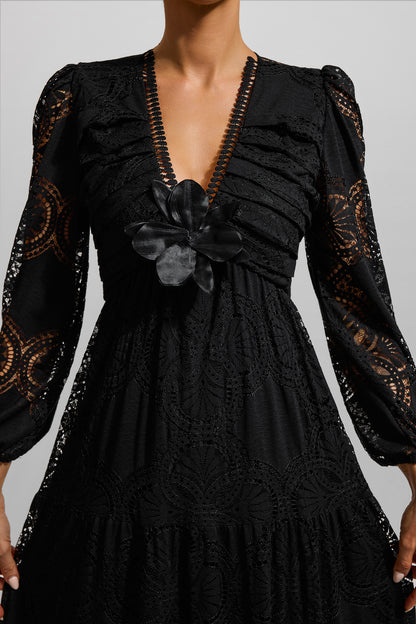 Lace 3D Flower Long Sleeve Midi Dress Black
