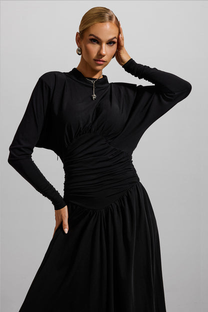Jersey Solid Ruched Long Sleeve Maxi Dress