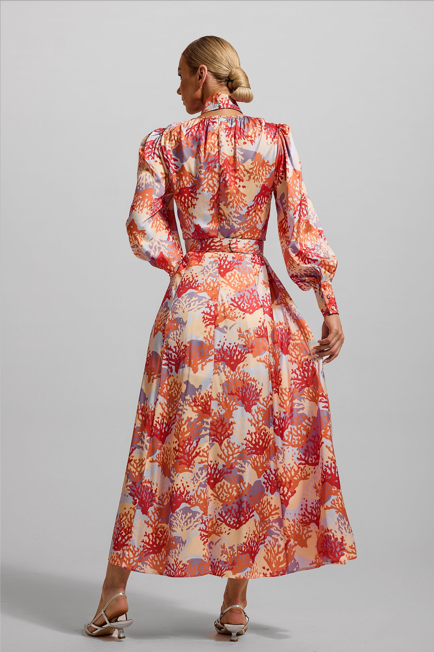 Coral Print Lantern Sleeve Maxi Dress With Belt