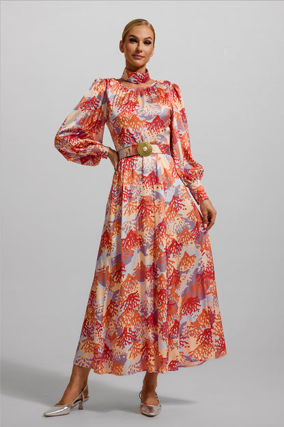 Coral Print Lantern Sleeve Maxi Dress With Belt