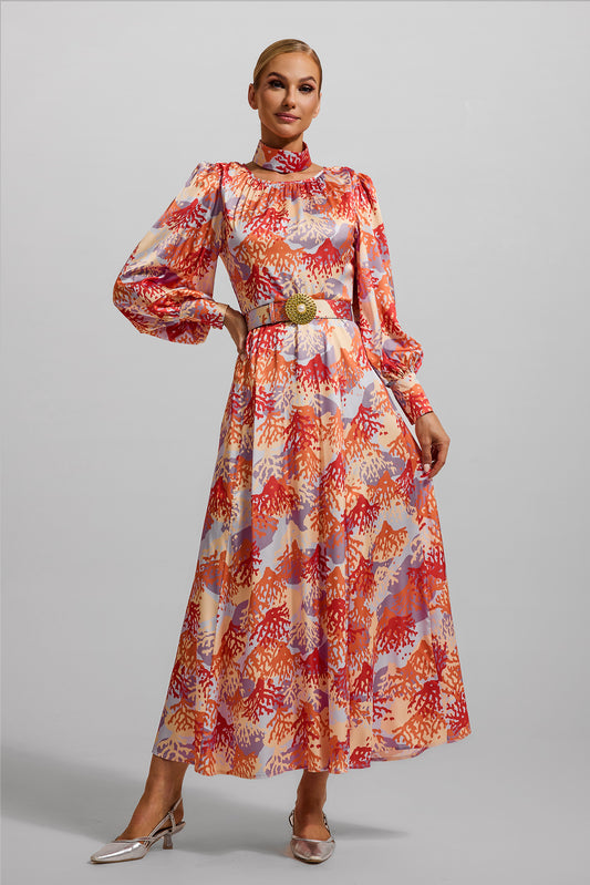 Coral Print Lantern Sleeve Maxi Dress With Belt
