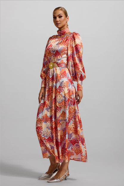 Coral Print Lantern Sleeve Maxi Dress With Belt
