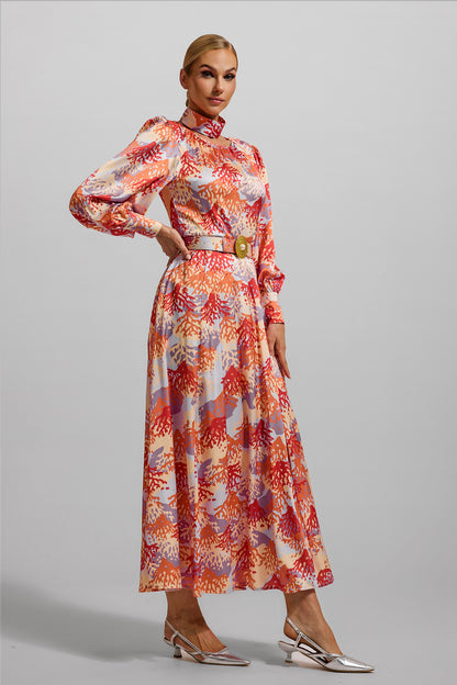 Coral Print Lantern Sleeve Maxi Dress With Belt
