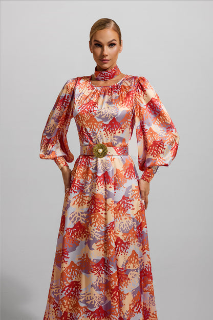 Coral Print Lantern Sleeve Maxi Dress With Belt