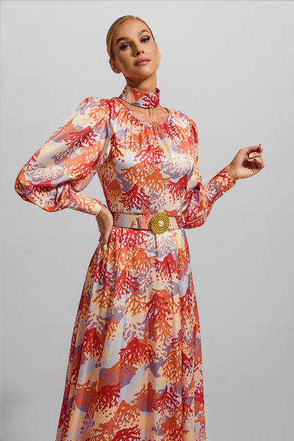 Coral Print Lantern Sleeve Maxi Dress With Belt