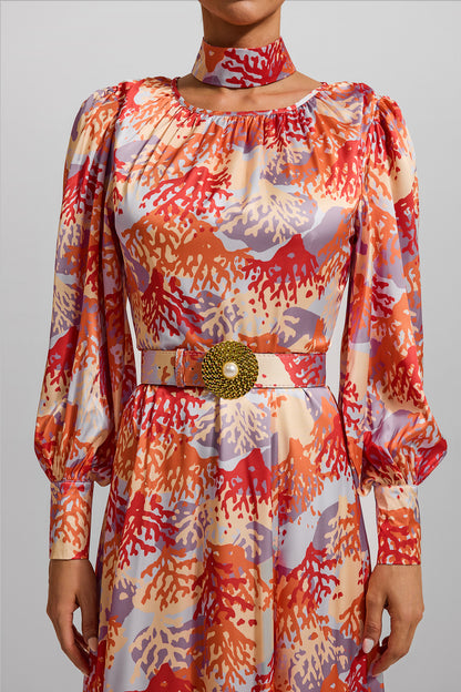 Coral Print Lantern Sleeve Maxi Dress With Belt