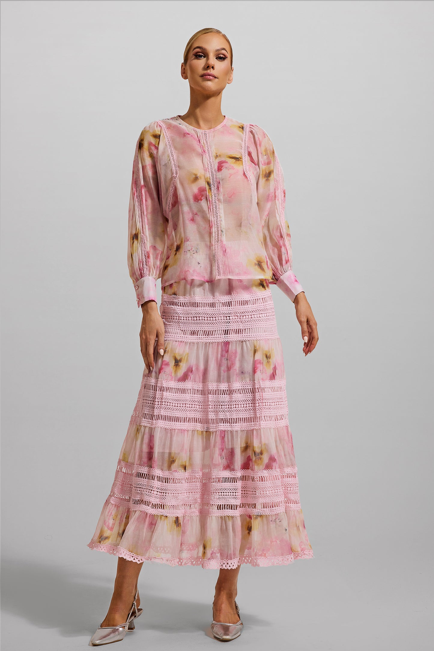 Floral Round Neck Long Sleeve Top & High Waist Midi Skirt Set