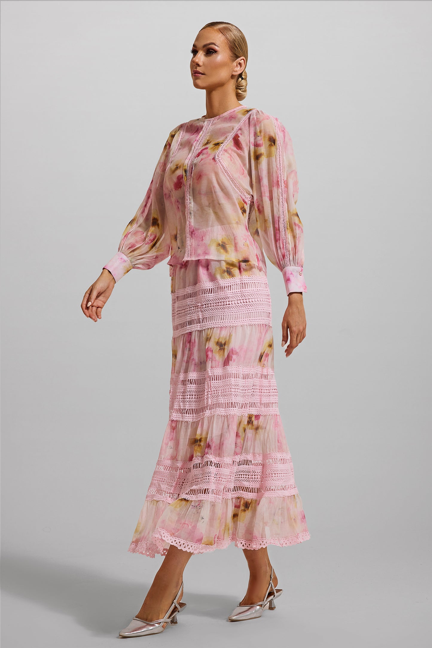 Floral Round Neck Long Sleeve Top & High Waist Midi Skirt Set