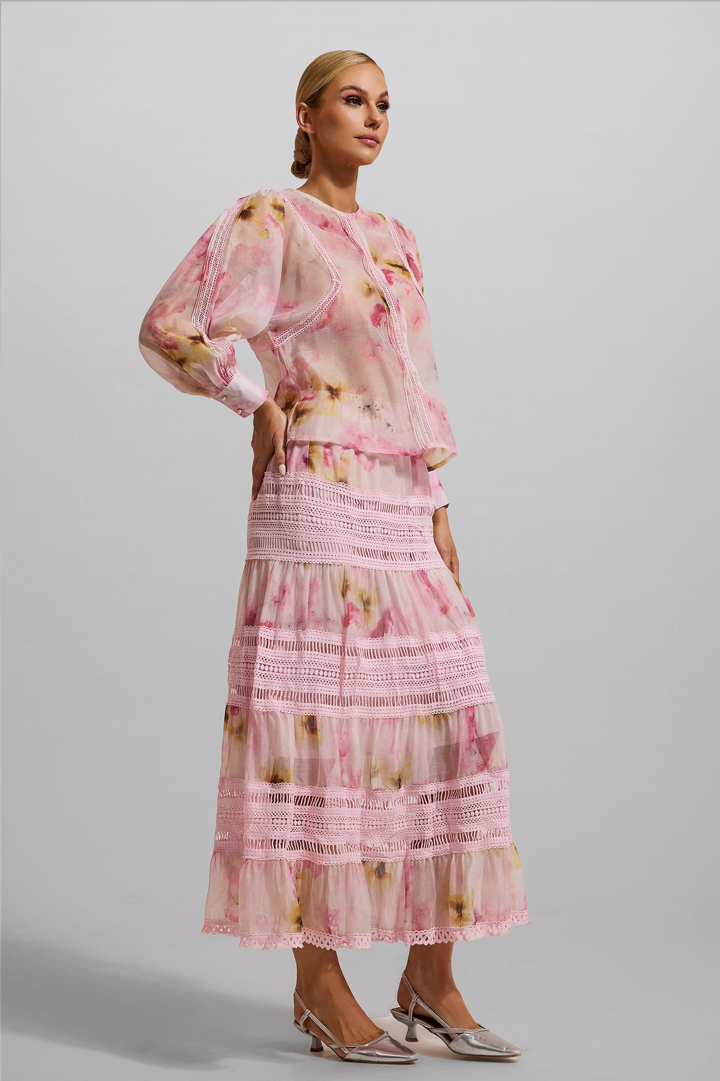 Floral Round Neck Long Sleeve Top & High Waist Midi Skirt Set