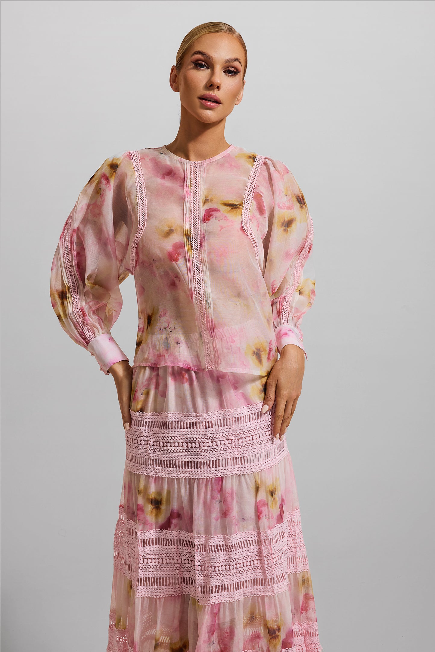 Floral Round Neck Long Sleeve Top & High Waist Midi Skirt Set