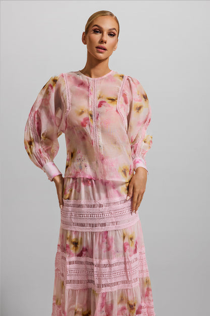 Floral Round Neck Long Sleeve Top & High Waist Midi Skirt Set