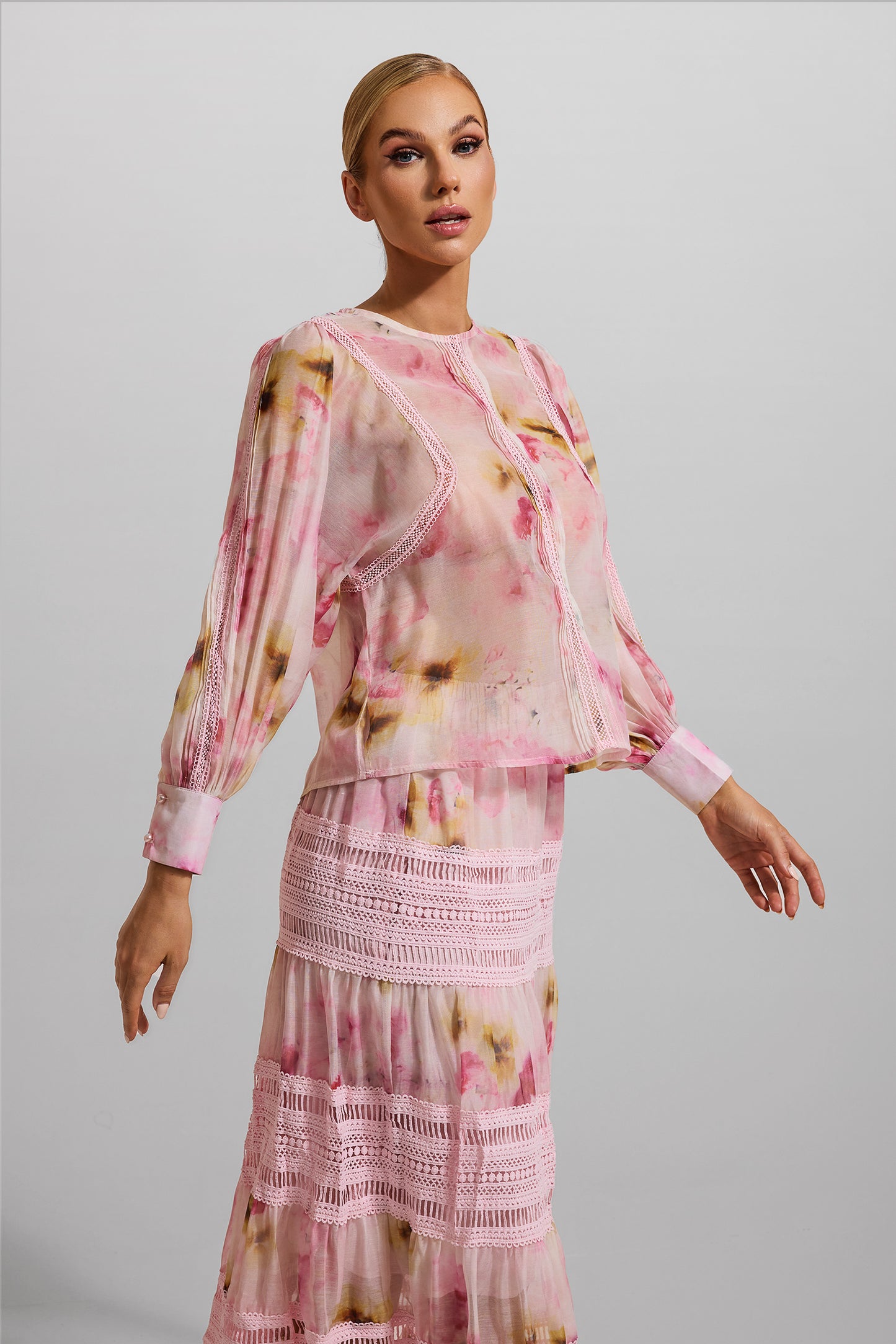 Floral Round Neck Long Sleeve Top & High Waist Midi Skirt Set