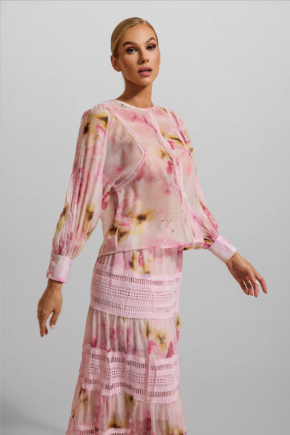 Floral Round Neck Long Sleeve Top & High Waist Midi Skirt Set