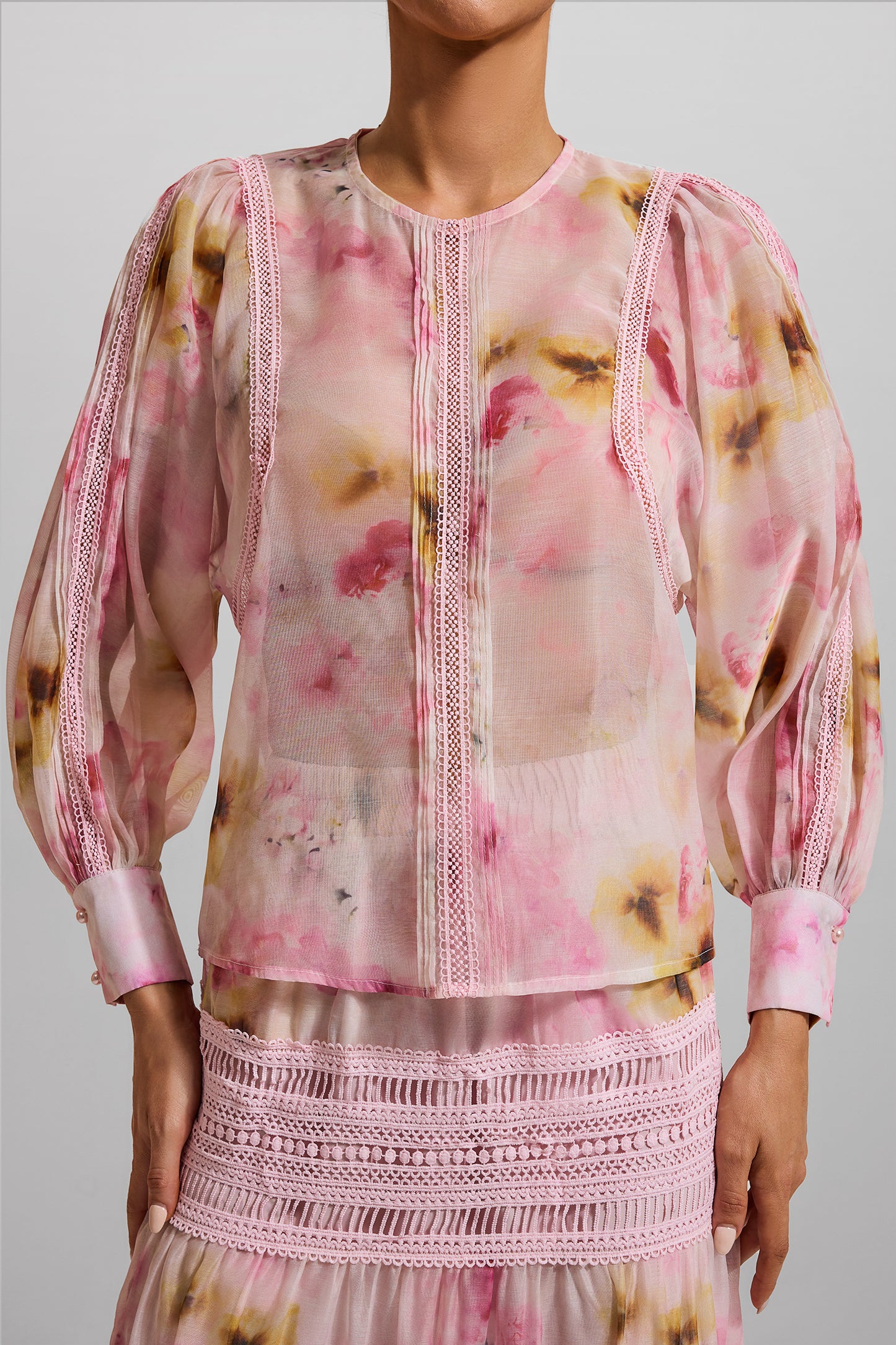 Floral Round Neck Long Sleeve Top & High Waist Midi Skirt Set