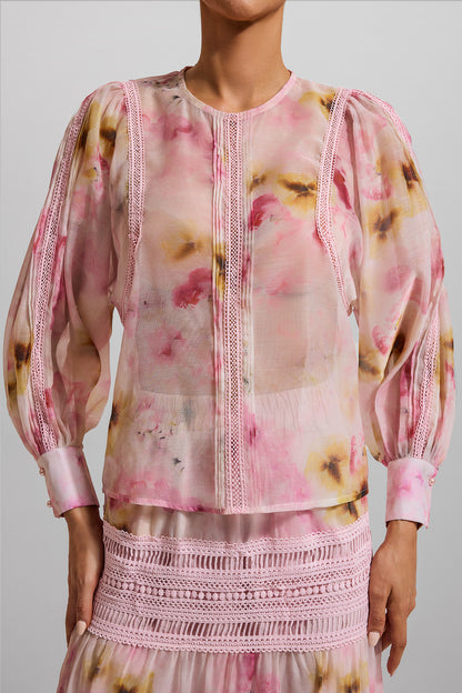 Floral Round Neck Long Sleeve Top & High Waist Midi Skirt Set