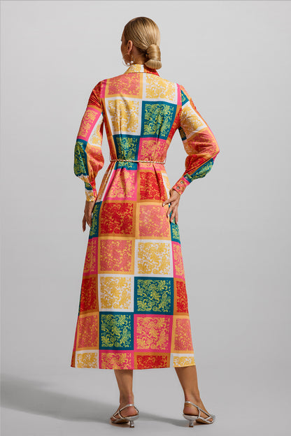 Patchwork Print Shirt Collar Midi Dress With Belt